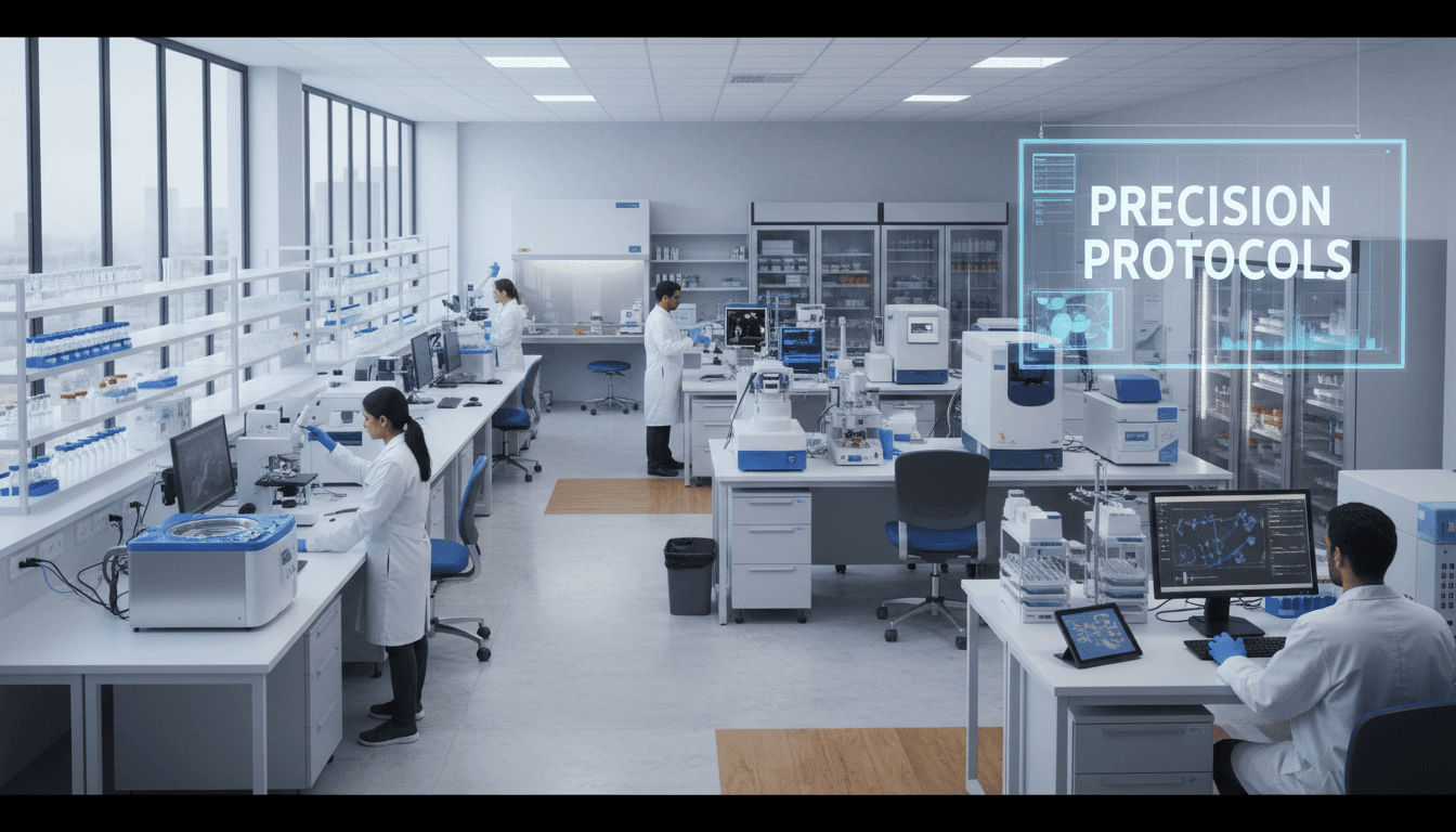 Modern research and development workspace with advanced analytical equipment and data visualization