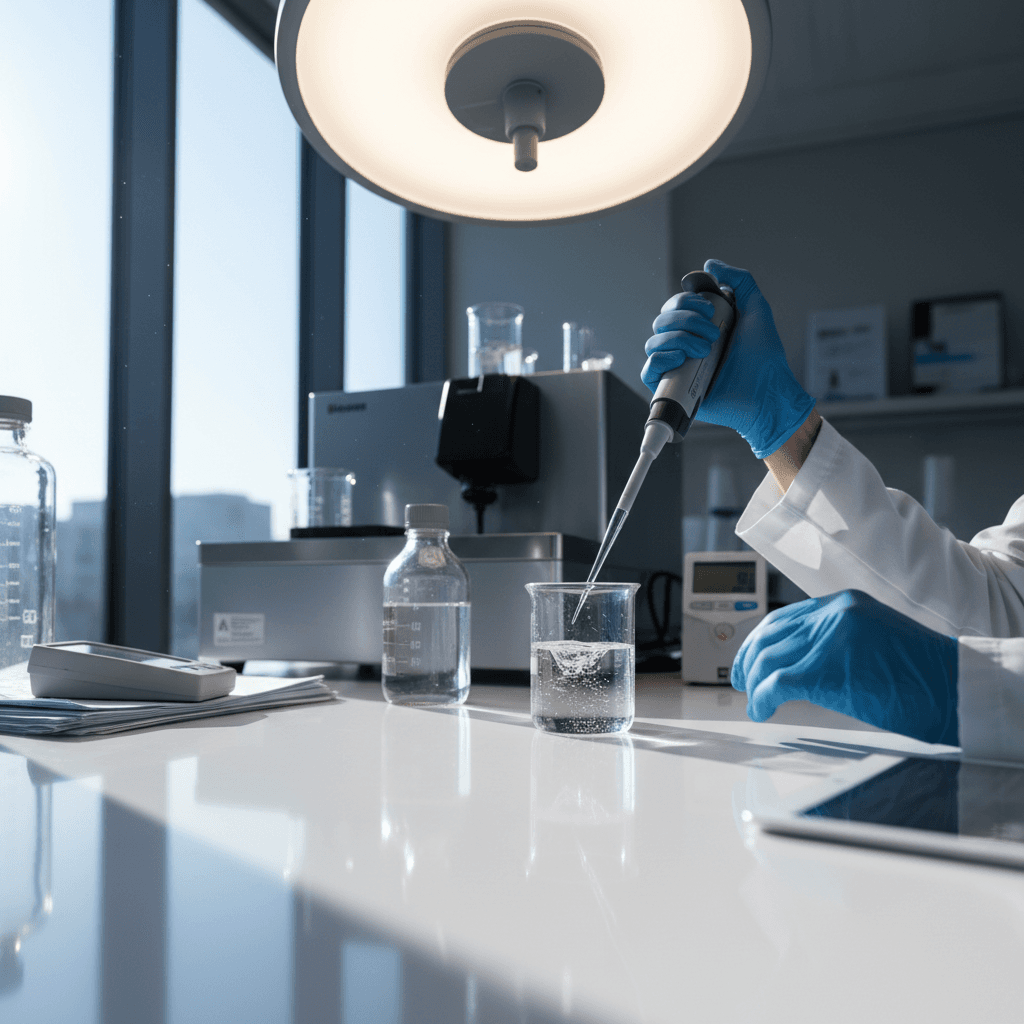 Scientist examining a chemistry solution in modern laboratory